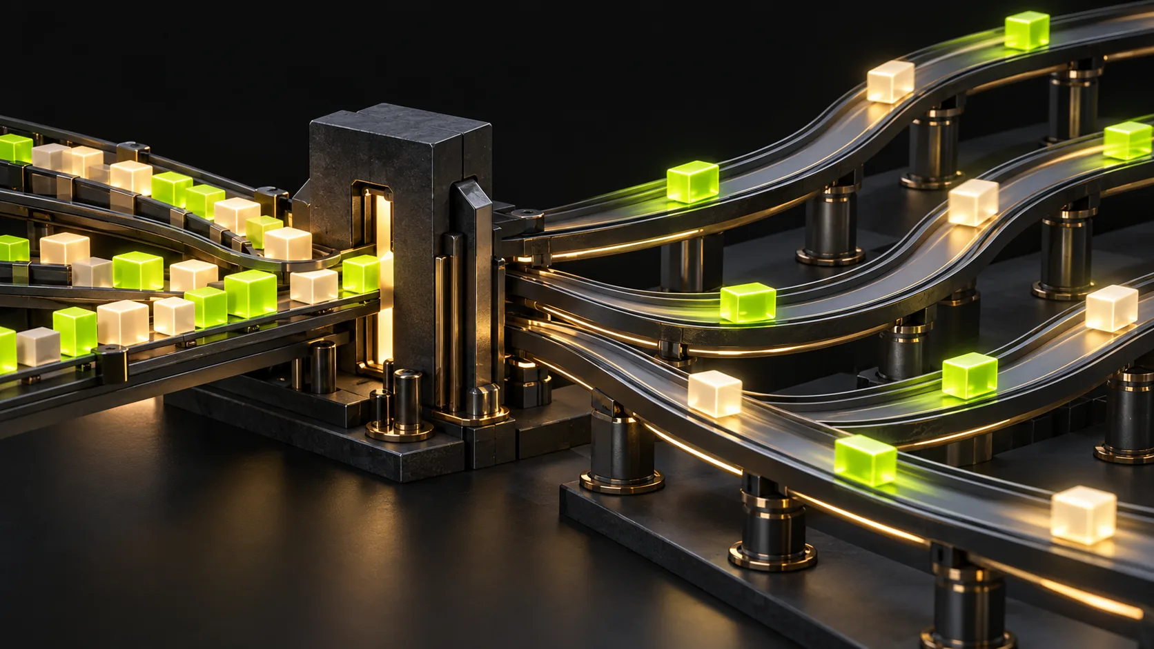 Luminous parcels queue at a narrow gate before spreading across independent channels.
