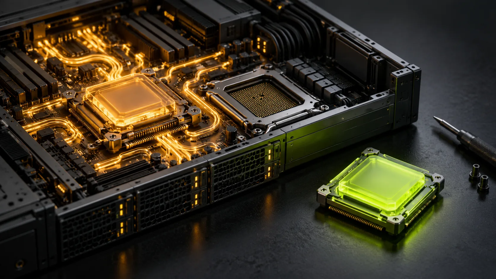 Conceptual server illustration with an amber running processor and a lime replacement beside it.
